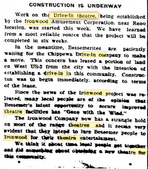 Ironwood Drive-In Theatre - 24 Jul 1952 Article